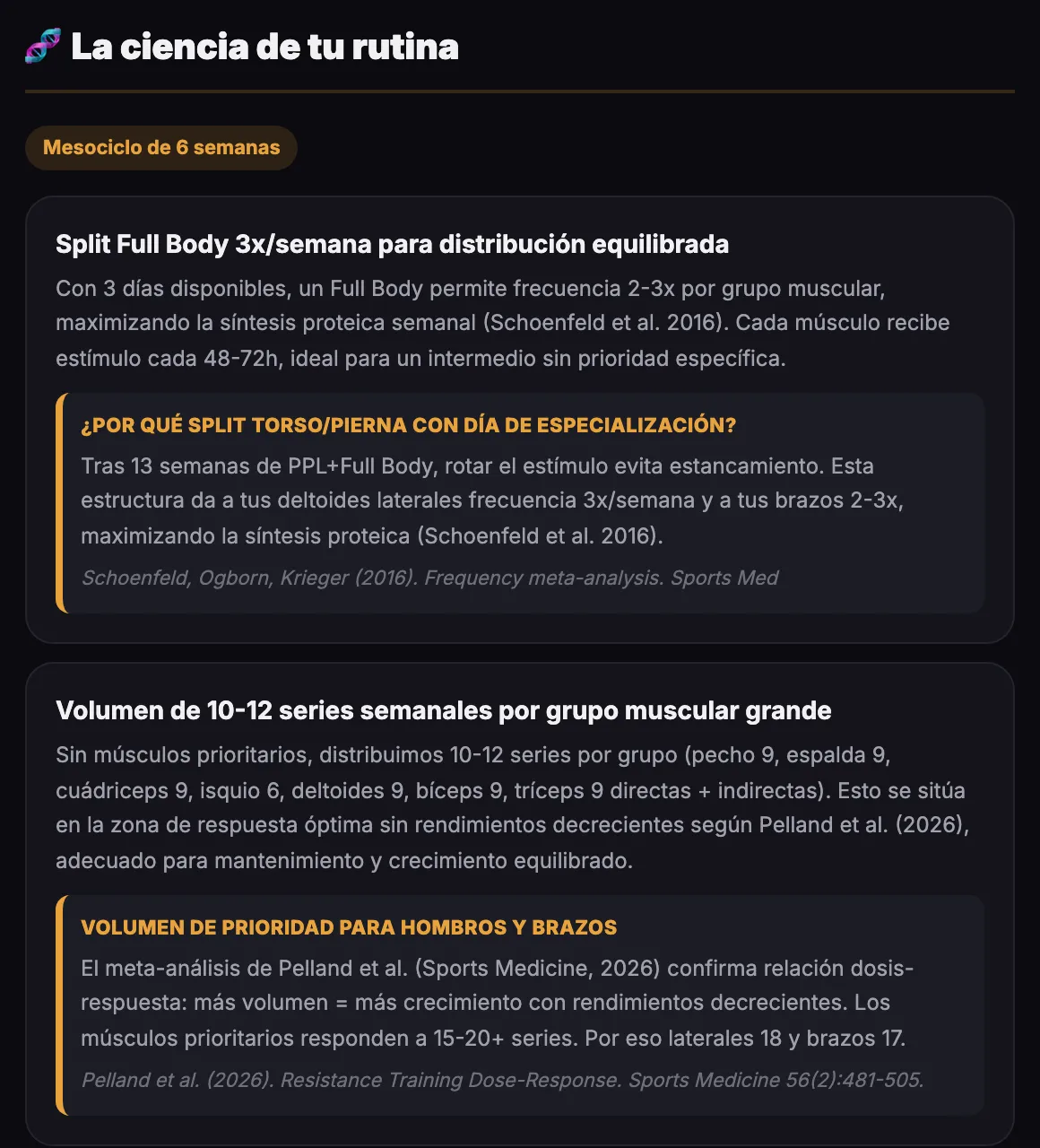Pestaña Ciencia de Trena: justificación de la rutina con citas de evidencia