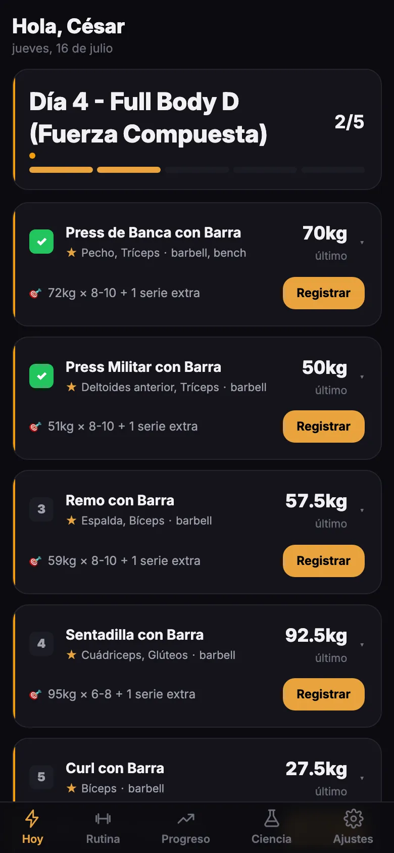 Rutina de Trena: checklist del día de entreno con pesos por serie