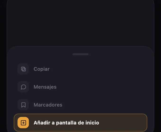 Hoja de compartir con la opción "Añadir a pantalla de inicio" resaltada